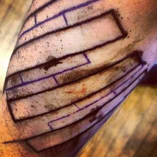 my right forearm tattoo, in progress, of Josef Muller-Brockmann's Juni-Festwochen poster design, June 30, 1959